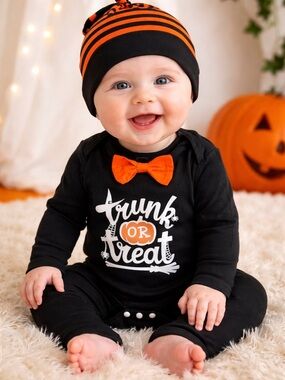 Halloween Baby One-Piece Romper w/Orange Bow.  Size 80 (fits 31.5” in height).